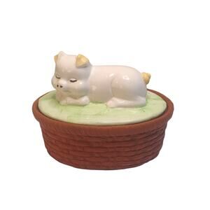 Oval Basket Weave Ceramic Pig Lid Nesting Trinket Box Vintage Hand Painted 5x5x4